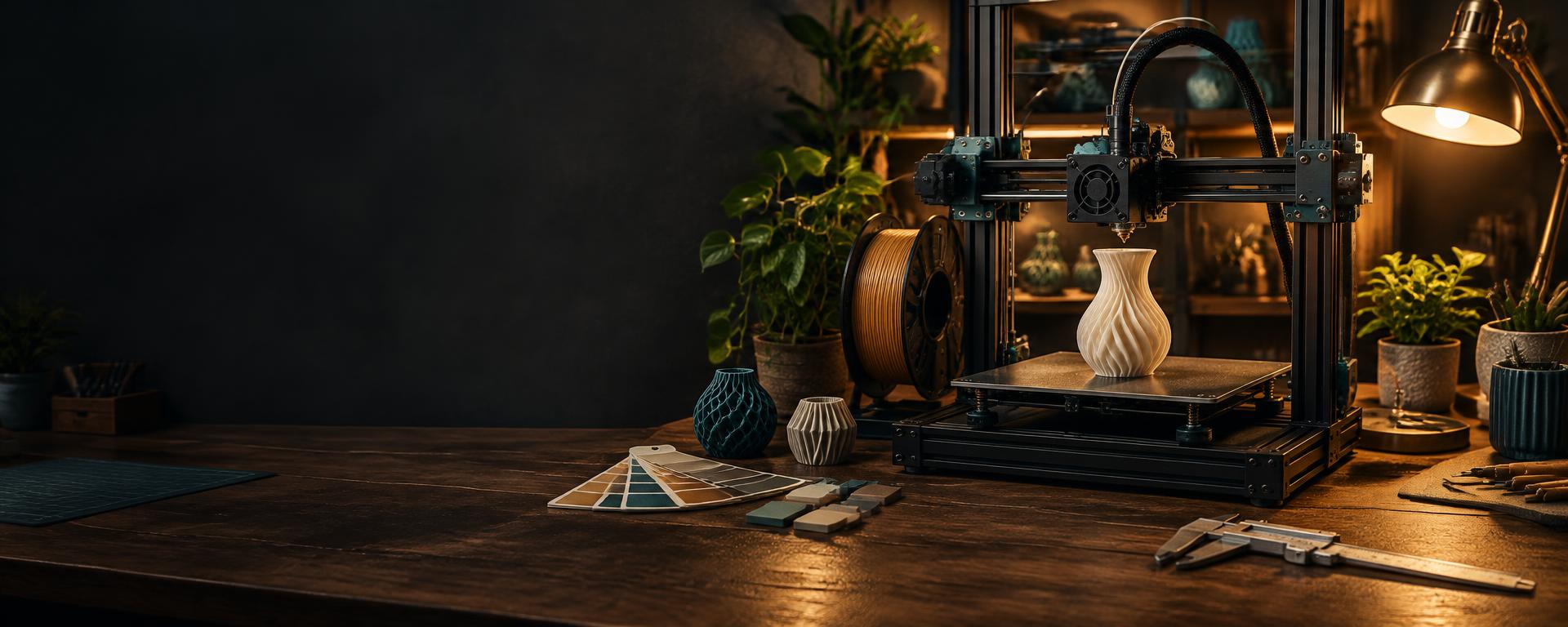Pracownia druku 3D z drukarką, modelami i ciepłym światłem lampy
